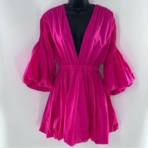The Sang Chic Fuchsia Deep V Neck Mini Dress with Bubble Hem & Sleeves-Size S